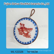 Retro round shape ceramic pot mat with lifting rope